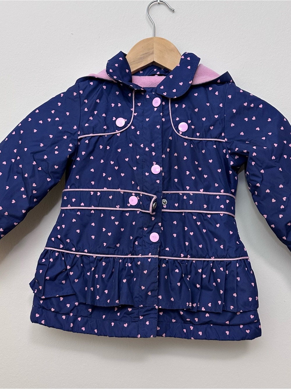 London Fog Girls Navy Pink Hearts Fleece Lined Jacket Ruffled Preppy 4T
